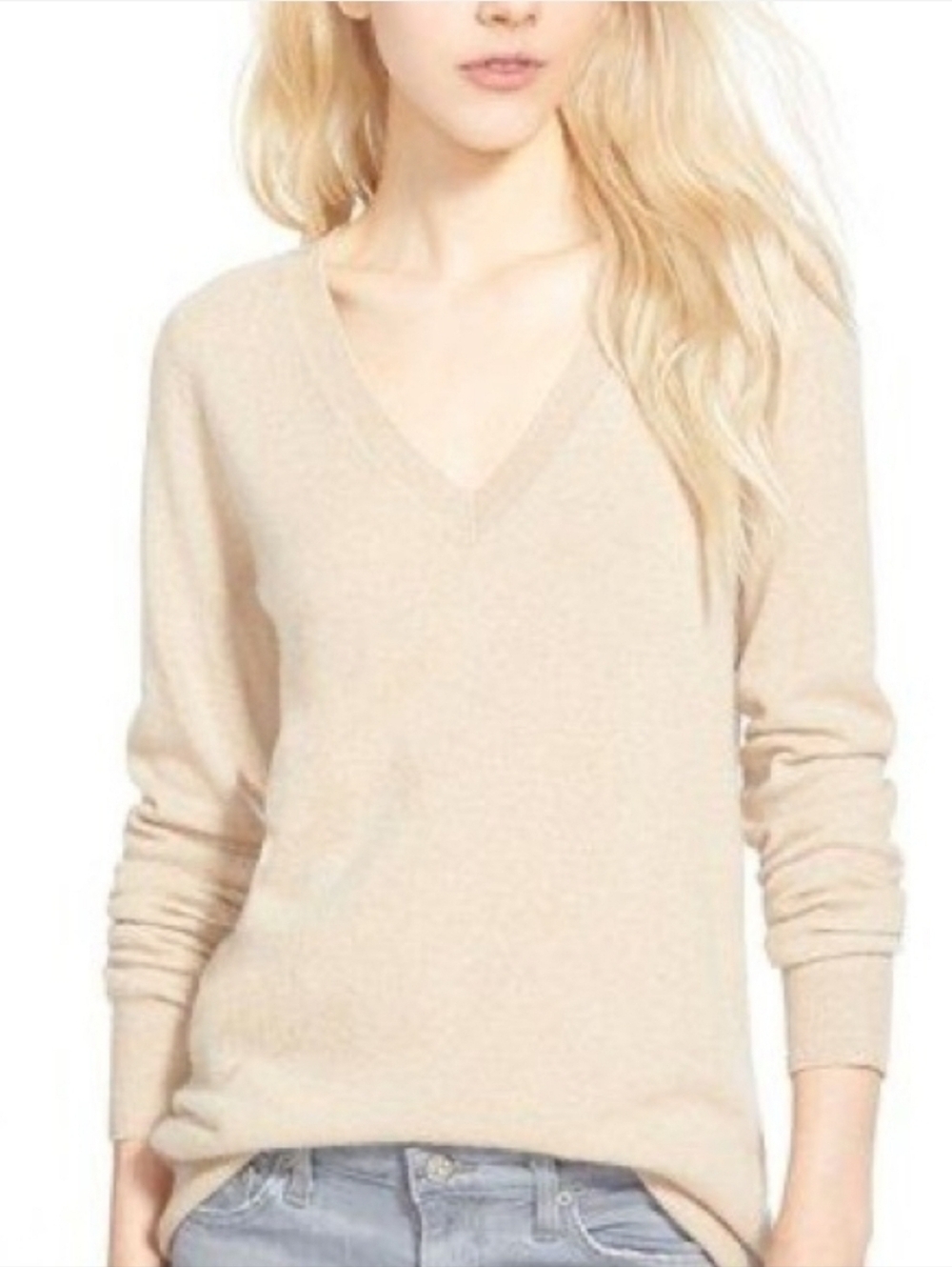 Hayden 100% Cashmere Cream Tan Vneck Long Sleeve Sweater Top